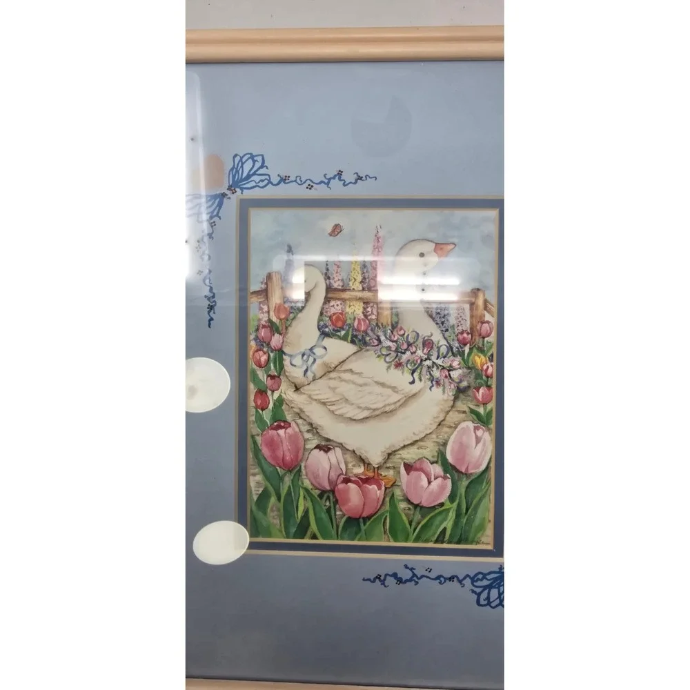 Vtg Figi Graphics water color Geese Tulips framed wall art countrycore CA-302